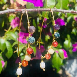 long gemstone earrings- Agate hoop earrings